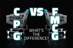 Two grocery carts. The phase CPG VS FMCG What is de diffference? is placed between them.