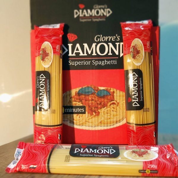 Packages of Diamond spaghetti in front of a box